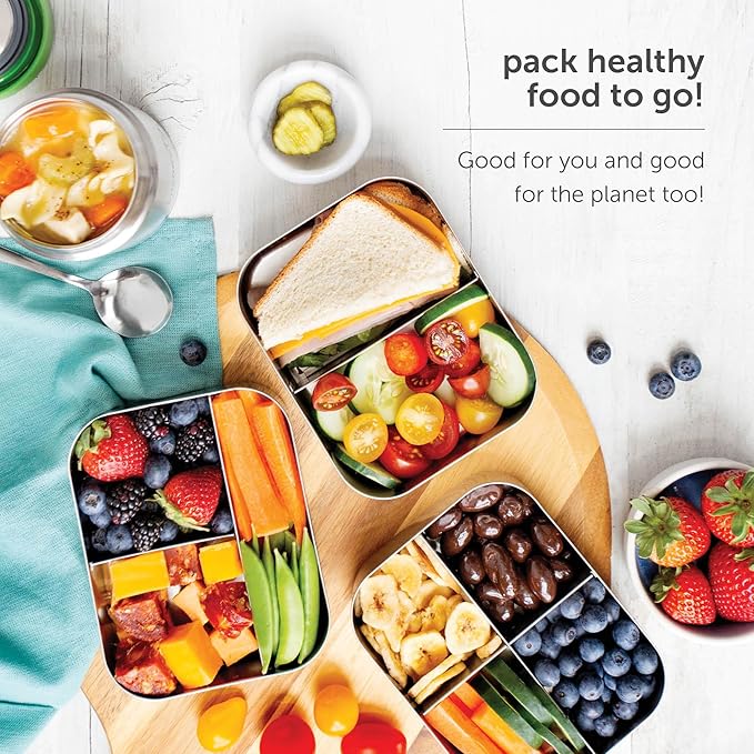 LunchBots Large Trio Stainless Steel Lunch Container -Three Section Design for Sandwich and Two Sides - Metal Bento Lunch Box - Eco-Friendly - Stainless Lid - Blue Dots