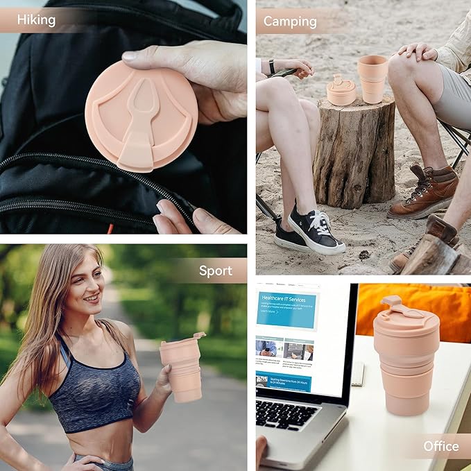 2Pcs Collapsible Cup for Traveling, Collapsible Silicone Travel Cup for Hot and 2 Drinks, Leak Proof Silicone Folding Travel Coffee Mug for Camping & Hiking, BPA Free 12oz Purple&Pink