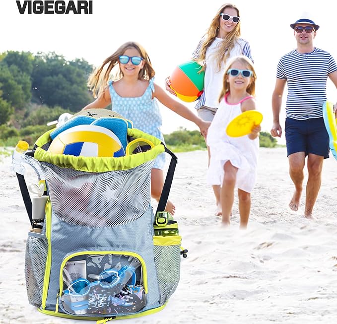 Drawstring Backpack Sandproof - Mesh Backpack Beach Bag with Shoe Compartment - Swim Bag for Beach, Pool - Pool Bag with Pockets for Toiletries - Wet Bag for Swimsuit - Summer Camp Essentials