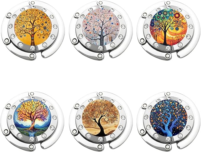 6 PCS Foldable Purse Hook, Women's Handbag Hangers Folding Decor Table Hook, Women's Handbag Hanger Holder,Mixed Color Tree of Life Pattern