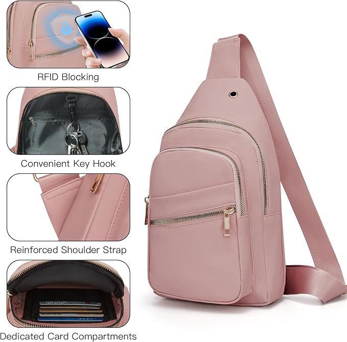 Small RFID Waterproof Travel Crossbody Sling Bags for Women Men, Hands Free Lightweight Sling Backpack Fanny Pack Cross Body Bag for Outdoors Hiking Traveling Fitness Commuting Leisure Pink