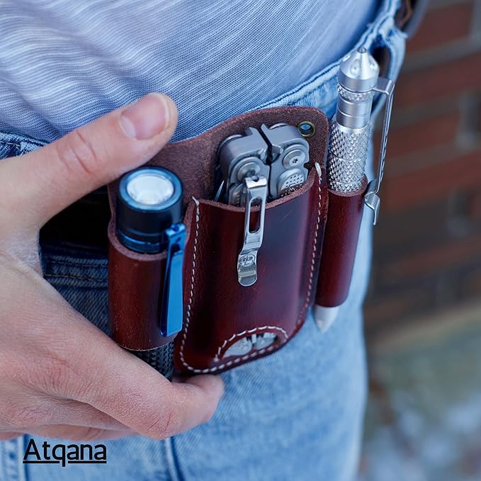 EDC Pocket Organizer For Belt (Premium Leather) - Urban Tool Holster | Multitool Sheath | Tactical Belt Knife Pouch with Belt Clip (Extra Dark Brown) by ATQANA®