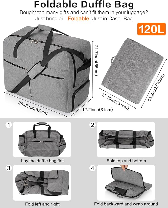 120L Foldable Large Travel Duffle Bag for Men and Women, Packable Duffel Bags with Shoe Compartment, Water Repellent & Tear Resistant (Gray)