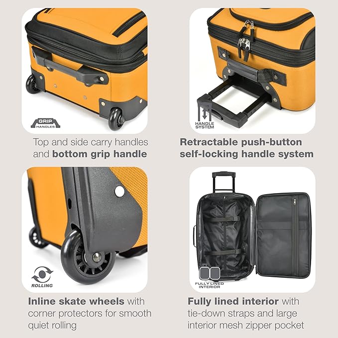U.S. Traveler Rio Lightweight Softside Rolling Carry-on Suitcase, 2-Wheel Single, Orange