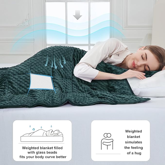 Alomidds Weighted Blanket for Adults (60"x80",15lbs Queen Size - Green), Cooling Breathable Soft and Comfort Minky, Heavy Blanket with Glass Beads