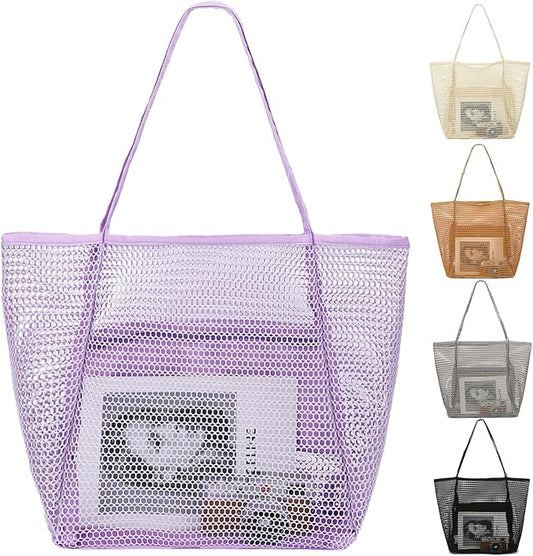 Mesh Beach Bag, Large Beach Tote with Zipper Pocket, Toys Pool Bag for Family Travel Vacation Cruise Essentials