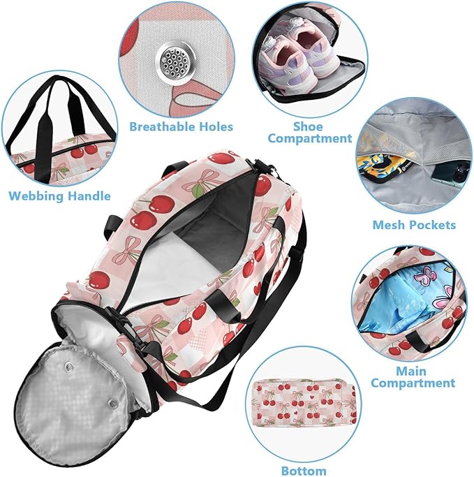Cute Cherries Bows Pattern Kids Sports Duffle Bag for Boys Girls Toddler Weekender Overnight Bag with Shoe Compartment & Wet Pocket Kids Travel Bag for Travel Sport Gym Dance