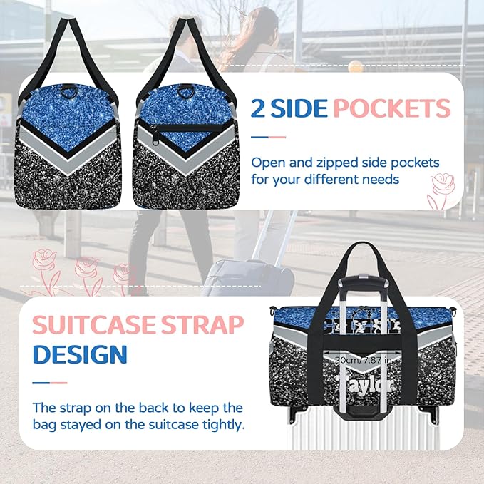 Personalized Gym Dance Ballet Bag Small, Custom Name Cheer Sport Weekender Carry On Travel Duffel Bags, Water Blue with Black Glittering Cheerleading