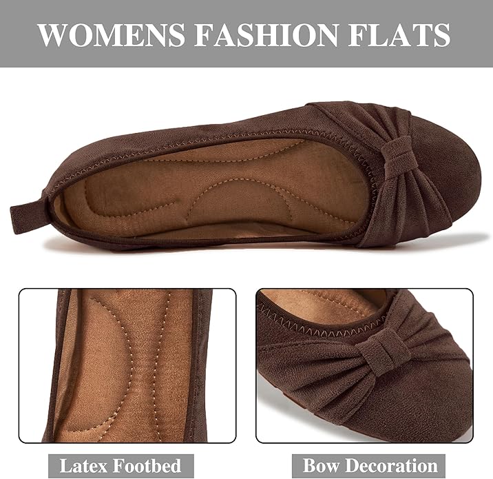 Ecetana Womens Flats Shoes Dressy: Round Toe Bowknot Suede Foldable Ballet Flats Comfortable Casual Slip On Loafers