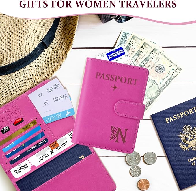 COSHAYSOO Initial RFID Passport Holder for Travel Women Passports Cover Case Air Essentials Airplane Flight Accessories Airline Plane Flying Must Haves Christmas Gift Butterfly Letter Hot Pink N