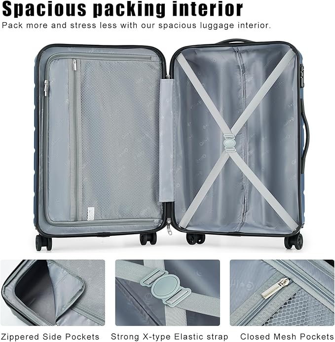Coolife Luggage Suitcase Carry-on Spinner TSA Lock USB Port Expandable (only 28’’) Lightweight Hardside Luggage (Ice Blue, M(24in))