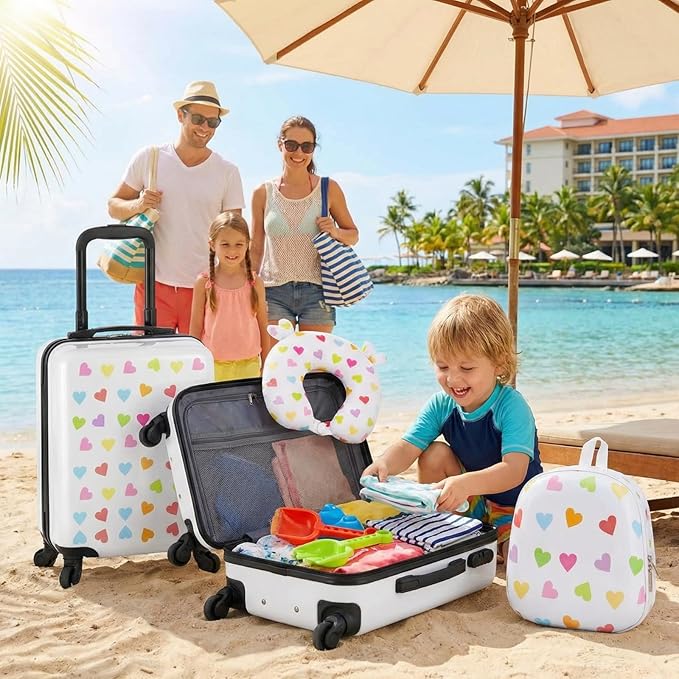 Sanwuta 4 Pcs Kids Luggage Set Rolling Suitcase Backpack U-shaped Pillow Kids Carry On Gift for Summer Travel Family Trip(20 Inch,Heart Style,White)