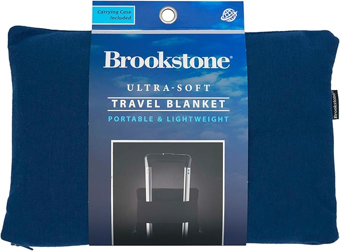 Brookstone Travel Blanket - 2-in-1 Jersey Knit Lightweight Throw Blanket with Carrying Pouch, Airplane & Car Travel Essentials, Blue