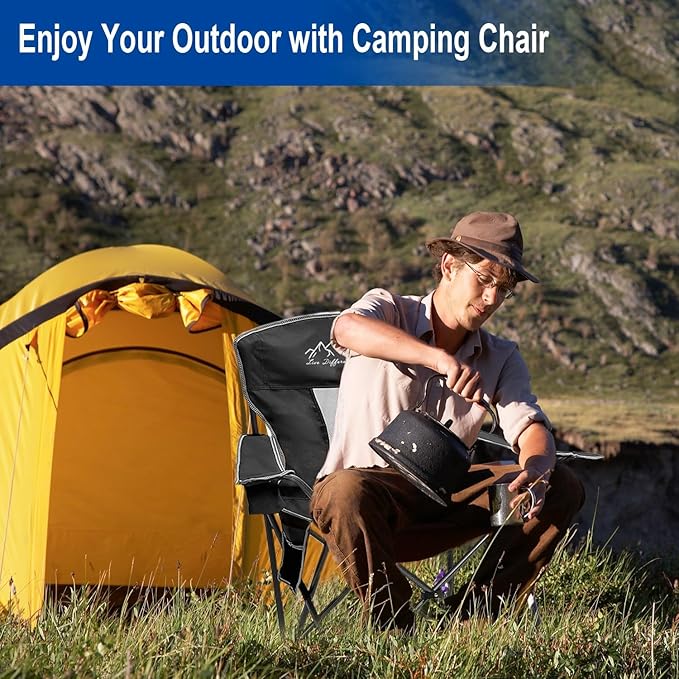 2PCS Collapsible Folding Camping Chairs Heavy Duty Lawn Foldable Chair with Cooler Bag, Storage Pocket, Waterproof Bag Outdoor Arm Sport Chair, Supports 325LBS, Black