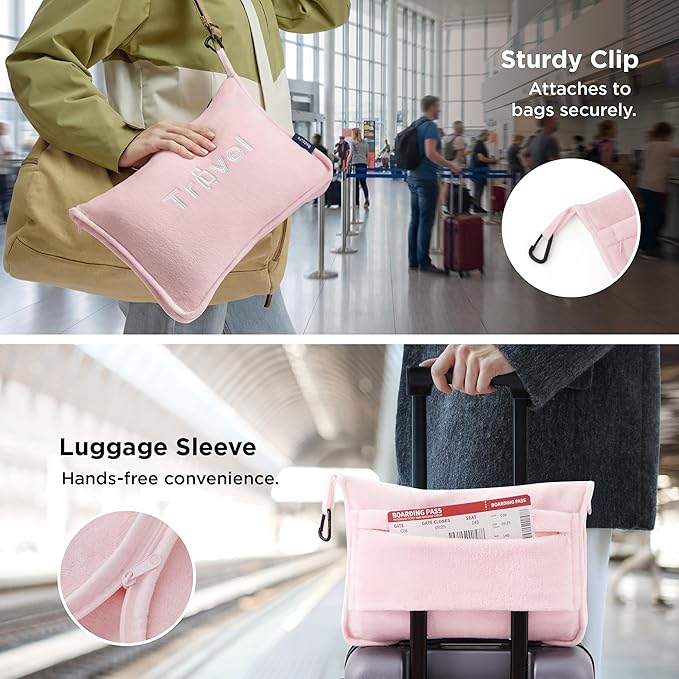Bedsure Travel Blanket and Pillow Set with Inflatable Neck Pillows, Eye Mask and Storage Bag, Lightweight 3-in-1 Airplane Packable Blanket, Compact Travel Essentials, Pink