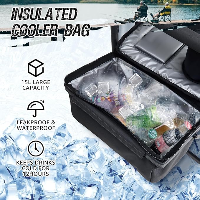X Strike Fishing Chairs with Rod Holder, Folding Ice Fishing Chair for Adults Outdoor Camping Chair Leg Adjustable with Cooler Bag and Storage Bag for Camp, Lawn, Patio, Garden (Black)