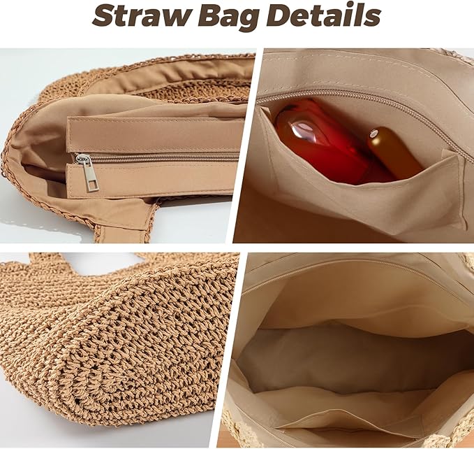 Pleneal Straw Beach Bags for Women - Women Beach Handmade Woven Tote Bag, Summer Mesh Hollow Shoulder Bag for Holiday