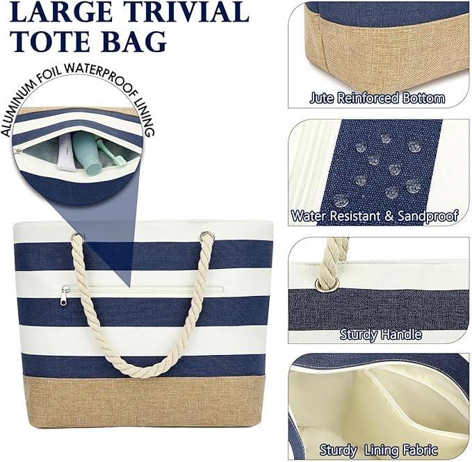 Large Canvas Beach Bag for Women, Beach Bags Waterproof Sandproof with Zipper & Wet Bag Cruise Essentials
