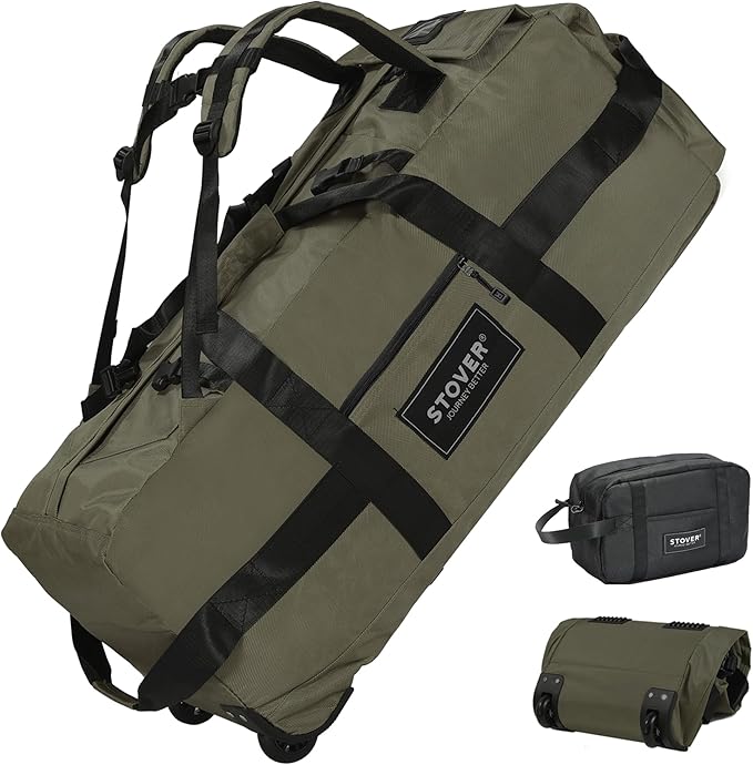 STOVER 100L Rolling Duffel Bag with Wheels, X-Large Durable Travel Duffle + Toiletry Bag, Heavy Duty, Packable with Shoulder Straps- Use as Luggage or Backpack, Men/Women (Green)