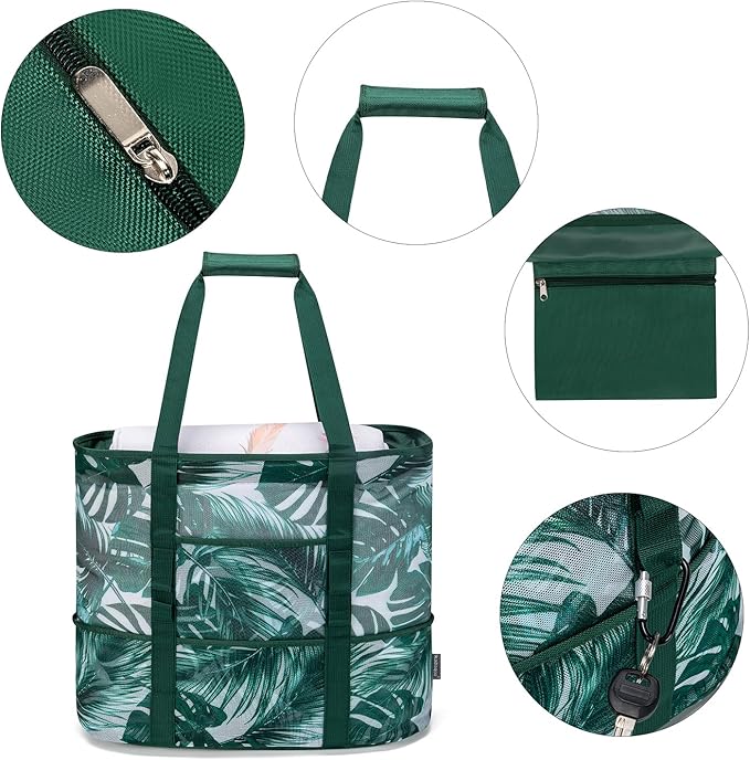 KABAQOO Mesh Beach Bag, Extra Large Beach Bags with 9 Pockets & Zipper Waterproof Lightweight Beach Tote for Beach/Pool Trip | Extra Large, 9 Pockets, Zipper, Waterproof, Lightweight, Beach/Pool Trip