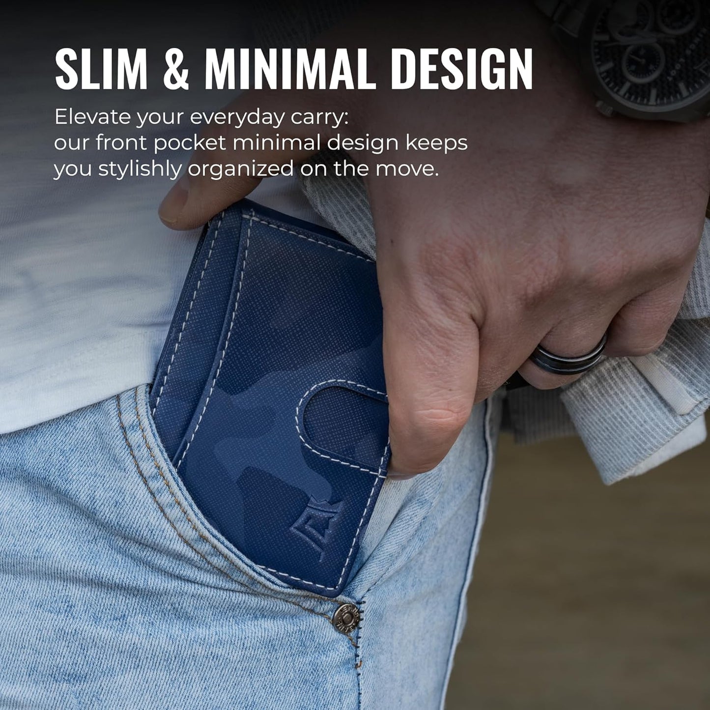 Kings Loot Money Clip Slim Minimalist Wallet for Men | RFID Blocking Leather Design with Money Clip | Front Pocket Bifold Holds 12 Cards | Stylish & Compact Wallets (Camo Blue)