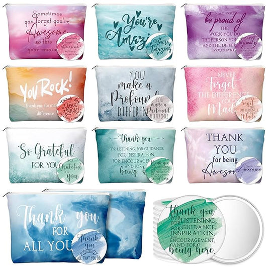 40 Pcs Employee Appreciation Gifts For Women Inspirational Canvas Makeup Bags Portable Compact Mirror Bulk Cosmetic Bags Thank You Gifts for Social Worker Coworkers (Recognition,Pastel)
