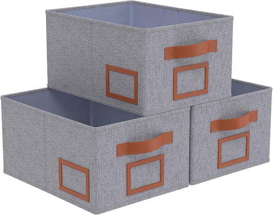 OUTBROS Foldable Storage Box for Shelves, 15.7 x 11.8 x 7.9 inch Fabric Baskets, Wardrobe Organiser with Handles, Suitable for Storing Clothes, Books, Cosmetics (Gray, 3-Pack)