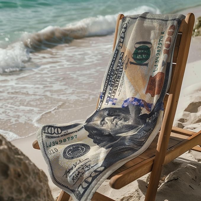 $100 Bill Money Beach Towel 30”x60” - Soft Cotton Velour, Highly Absorbant, Fast Drying, Easy-Pack for Spring Break, Vacation, Beach, Pool or Sunbathing - Lightweight, Compact for Travel-Novelty Gift