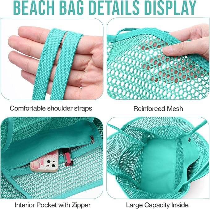 KPX Beach Bag with Mini Pocket, Beach Tote Bags for Women Large Foldable Mesh Swimming Pool Travel Bags - Sandproof
