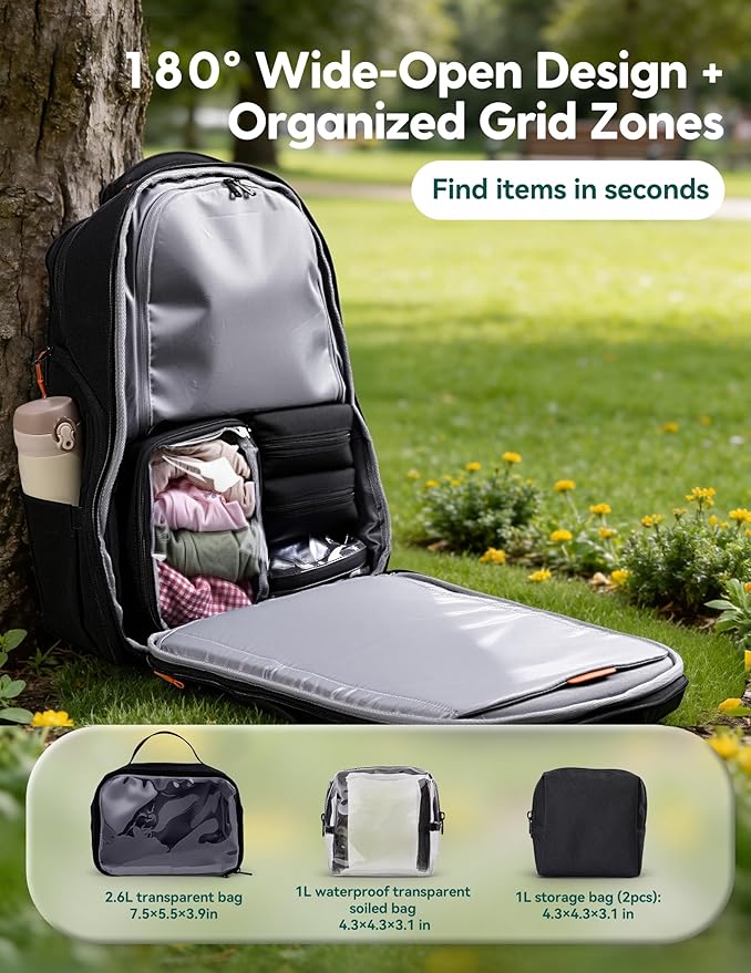 BABELIO Grid Wizard Diaper Bag Backpack - Multi Function Waterproof Diaper Bag, Travel Essentials Baby Bag with 4 Individual Organizers, Insulated Bottle Holders, Baby Shower Gifts, Black
