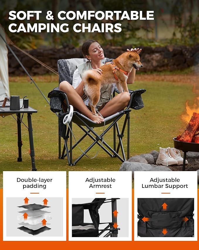 KingCamp Oversized Camping Folding Chair, Heavy Duty 450 LBS with Lumbar Support, Padded seat with Cup Holder&Cooler Bag, Ideal for Camp, Fishing, Sports Event, Backyard, Patio, Lawn