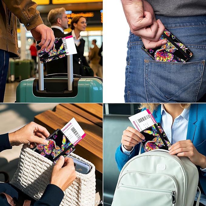 RFID Security Premium Passport and Travel Document Holder Combo, Slim PU Leather Folio Wallet with 3 Card Slots & Boarding Pass Pocket, Secure Elastic Closure Organizer, Colorful Floral Elephant