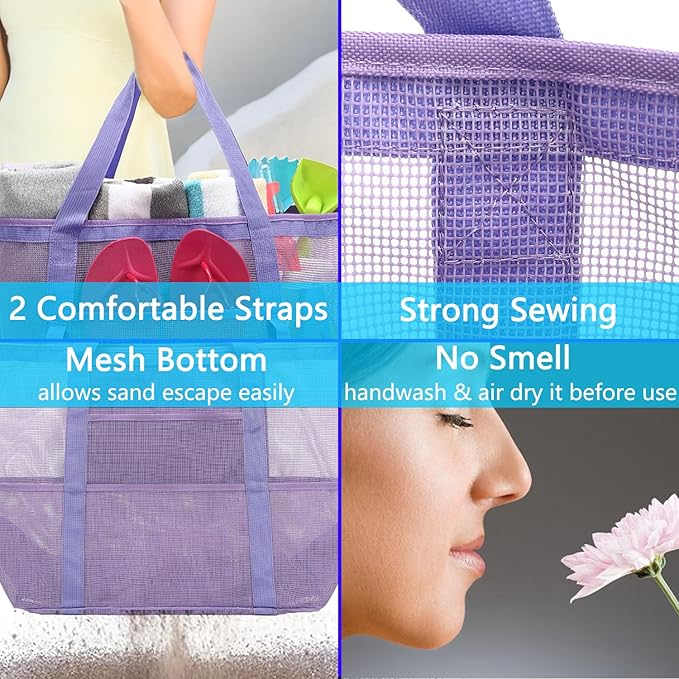 Mesh Beach Bag with Zipper, Large Beach Tote for Women, Toys Pool Swim Bag Travel Vacation Cruise Essentials