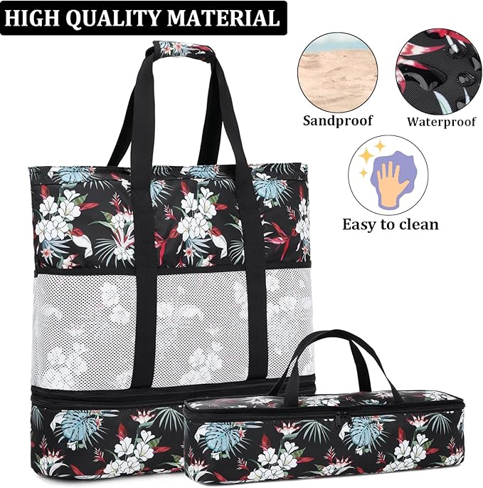 JIANYA Beach Bag Women Waterproof Sandproof Beach Tote Bags with Cooler Top Zipper Large Totes for Pool Travel Daily