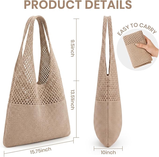 SUOSDEY Crochet Mesh Beach Tote Bag, Knit Summer Vacation Aesthetic Boho Tote Bag for Women