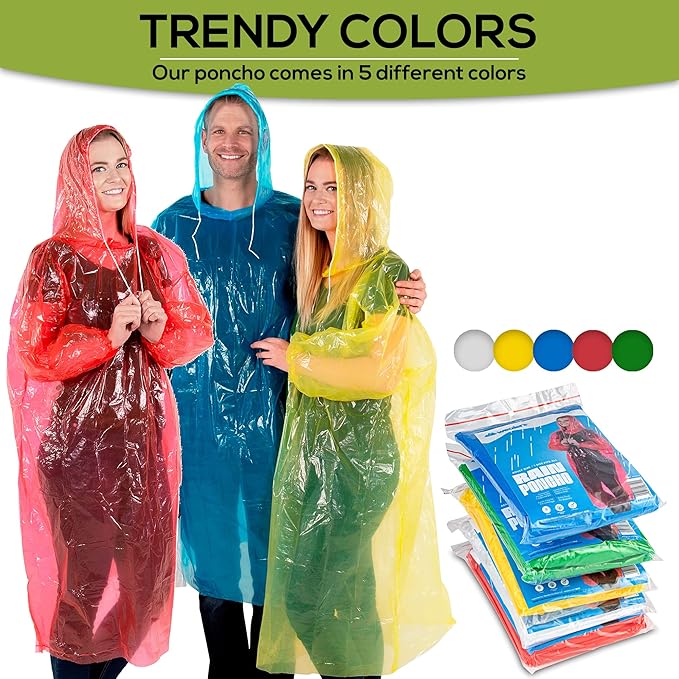 Wealers Rain Poncho Bulk Pack Disposable Ponchos Adults Emergency Raincoat Hood Strings Multi Colors