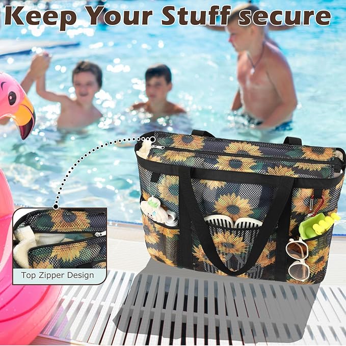 Mesh Beach Bag with Zipper, Large Beach Tote for Women, Toys Pool Swim Bag Travel Vacation Cruise Essentials