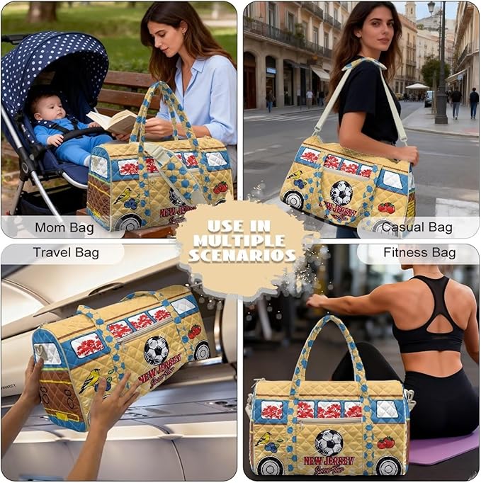 COEQINE Quilted Duffle Bag For Men Travel Quilted Tote Bag Large Car New Jersey Van Car on Yellow Print Overnight Luggage Bag with Trolley Sleeve