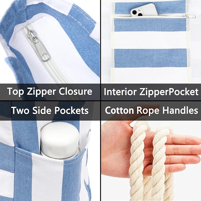 Large Canvas Beach Bag for Women, Beach Bags Waterproof Sandproof with Zipper & Wet Bag Cruise Essentials
