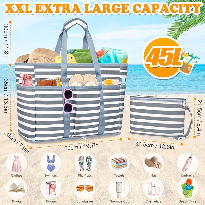 Large Beach Bag with Zipper, 12 Pockets Waterproof Sandproof Pool Bag Womens Mesh Beach Tote Bag for Travel Vacation