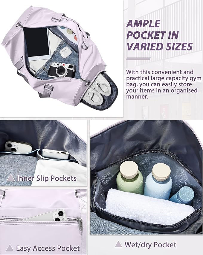 Gym Bag for Women Men with Shoe Compartment,Small Travel Duffle Bags for Traveling Overnight Weekender Personal Item Travel Bag Large Sport Workout Bag Purple