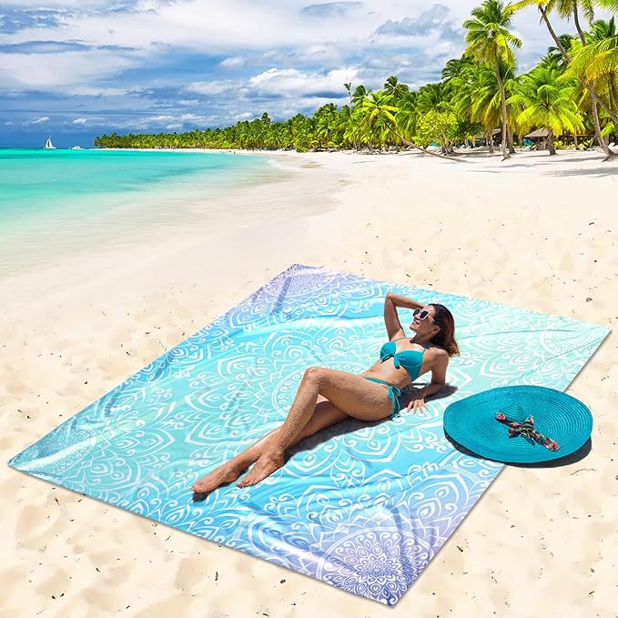 Beach Blanket Waterproof Sandproof Beach Mat for 1-8 Adults Quick Drying Durable Outdoor Picnic Mat for Beach Festival Travel Camping Hiking (Gradiant BL-Mandarin, 79"×83"(4 Person))