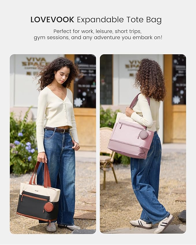 LOVEVOOK Tote Bag for Women, Expandable Laptop Work Bag 15.6 Inch, 33L Large Travel Handbag with 40oz Tumbler Holder, TSA