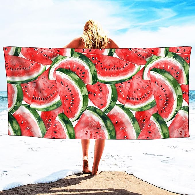 Watermelons Pattern Beach Towel Extra Large 36" x 72", Thin Lightweight Microfiber Towels with Fruit Design, Sand Free and Quick Dry, Compact Bag