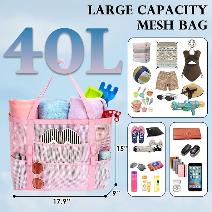 Mesh Beach Bag, Large Beach Tote with Zipper Pocket, Toys Pool Bag for Family Travel Vacation Cruise Essentials