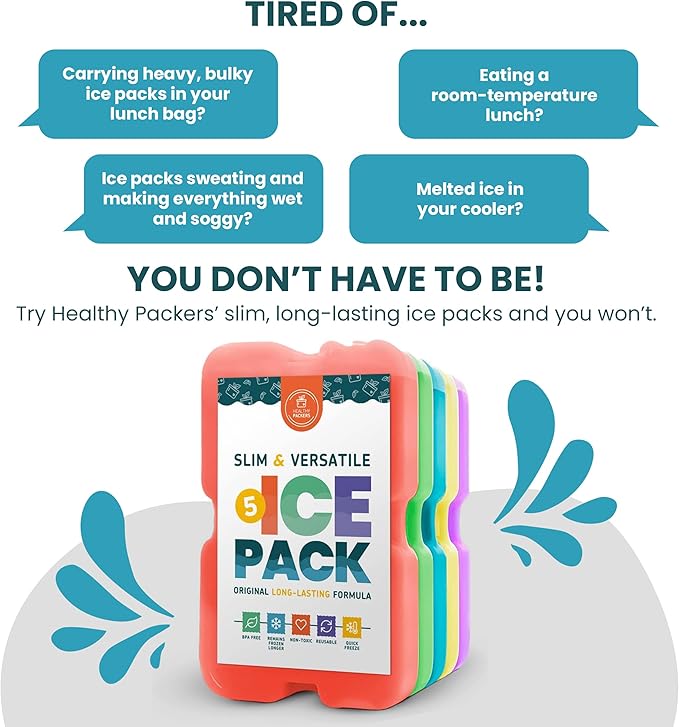 Healthy Packers Ice Pack for Lunch Box - Freezer Packs - Original Cool Pack (Set of 5) | Slim & Long-Lasting Ice Packs for Your Lunch or Cooler Bag (Combo)