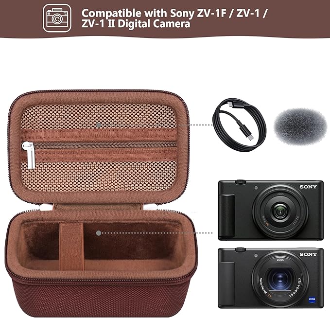 Hard Travel Case for Sony ZV-1F / ZV-1 / ZV-1 II Digital Camera, Storage Holder Travel Bag with Zipper Mesh Pocket for Battery Pack, Charging Cable, USB Card, Black, Brown