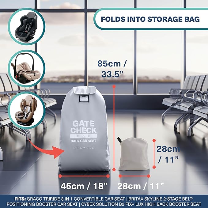 Bramble Infant Car Seat Travel Bag for Airplane - Waterproof Car Seat Cover for Airplane Travel 34" - Booster Seat Travel Bag Carseat Carrier for Airport - Grey