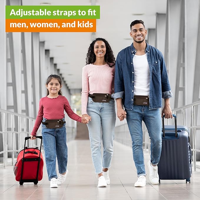 Money Belt for Travel with RFID Blocking Technology - Hidden Travel Money Pouch for Cash, Credit Cards, Passport, and Travel Valuables - Secure Water Resistant Money Belt for Men and Women (Brown)