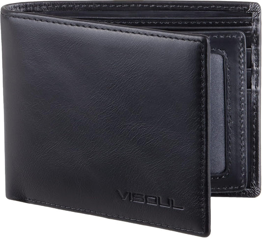 VISOUL Leather Mens Bifold RFID Blocking Wallet with 2 ID Windows, Leather Wallet for Men (Leather, Black)